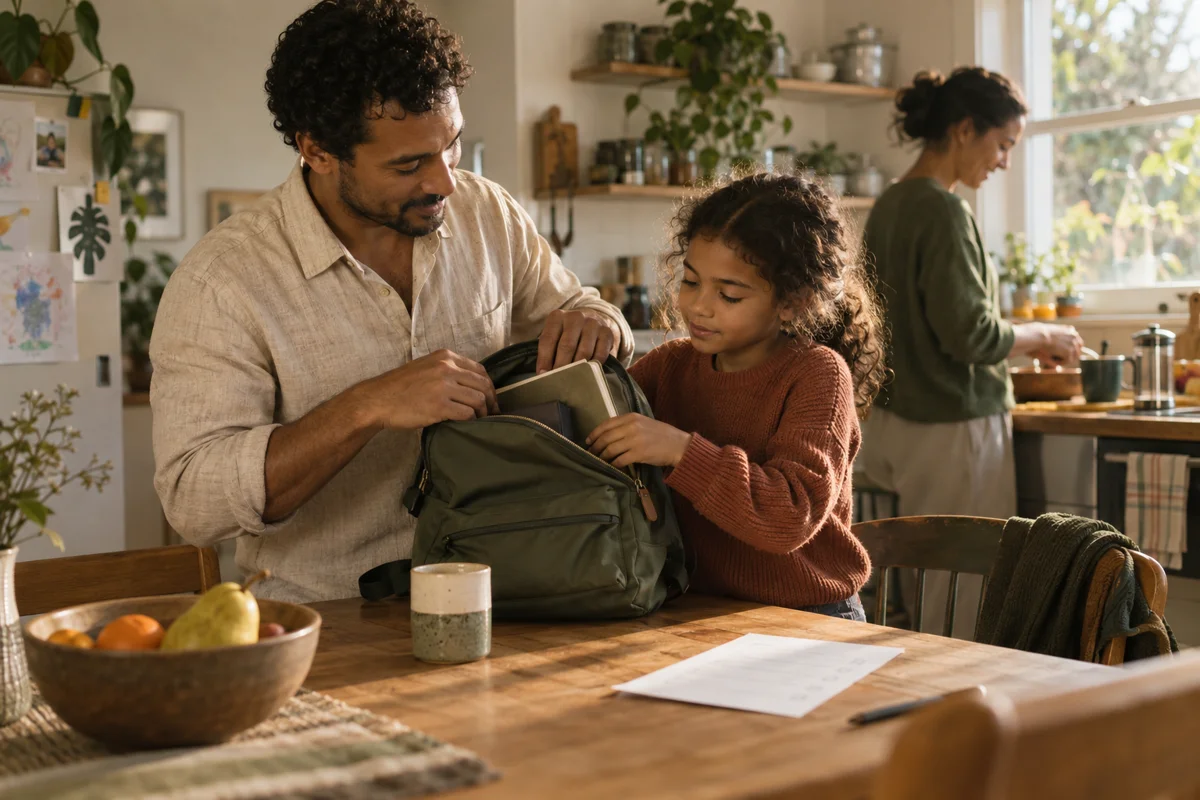 An adult and child preparing a school bag together in a warm kitchen